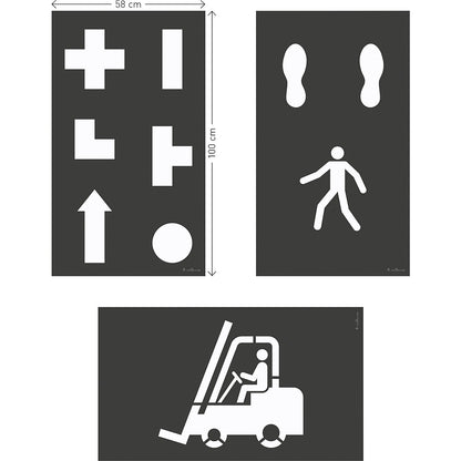 DURALINE® logistics floor marking stencil set, 9 designs, film WxH 100 x 58 mm.
