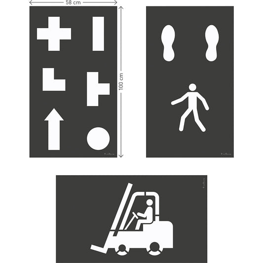 DURALINE® logistics floor marking stencil set, 9 designs, film WxH 100 x 58 mm.