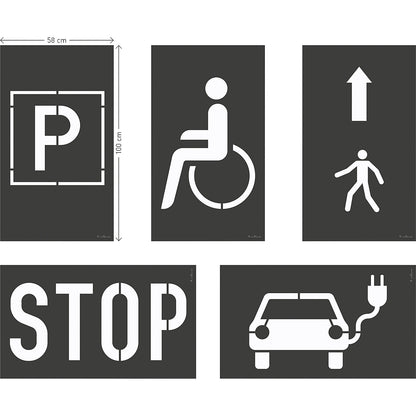 DURALINE® floor marking stencil set parking space, 6 motifs, film WxH 100 x 58 mm.