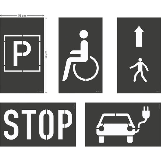 DURALINE® floor marking stencil set parking space, 6 motifs, film WxH 100 x 58 mm.