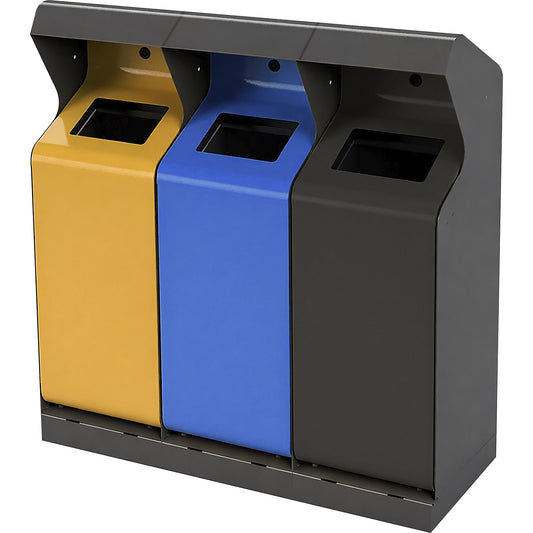 Recyclable waste collection station, outdoor, capacity 3 x 50 l, iron glimmer/yellow/blue/grey.