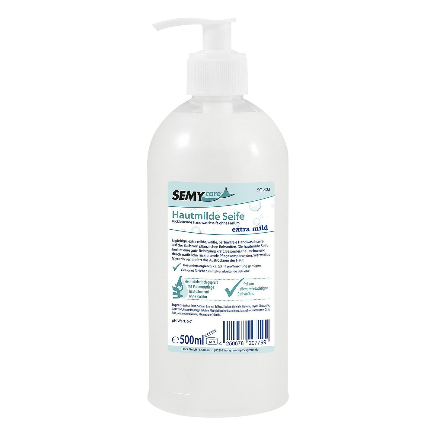 Cream soap in pump dispenser, pack of 15 x 500 ml, white.