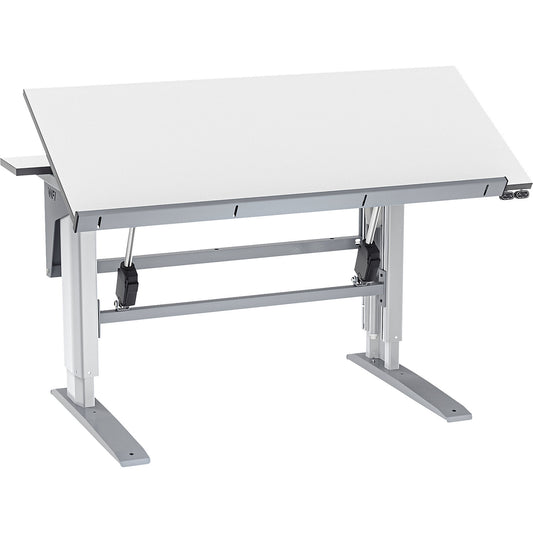 Electric work table with tilting tabletop, electrically height adjustable, panel WxD 1400 x 800 mm.