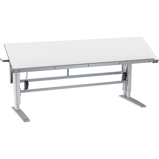 Electric work table with tilting tabletop, electrically height adjustable, panel WxD 2200 x 800 mm.