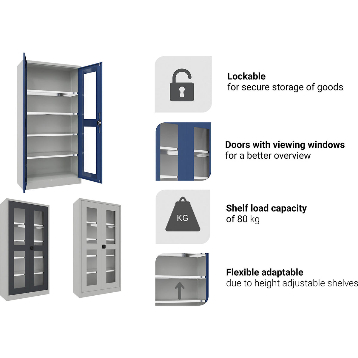 Double door cupboard with vision panel, 4 shelves, height 1950 mm, HxWxD 1950 x 1200 x 400 mm, gentian blue door.