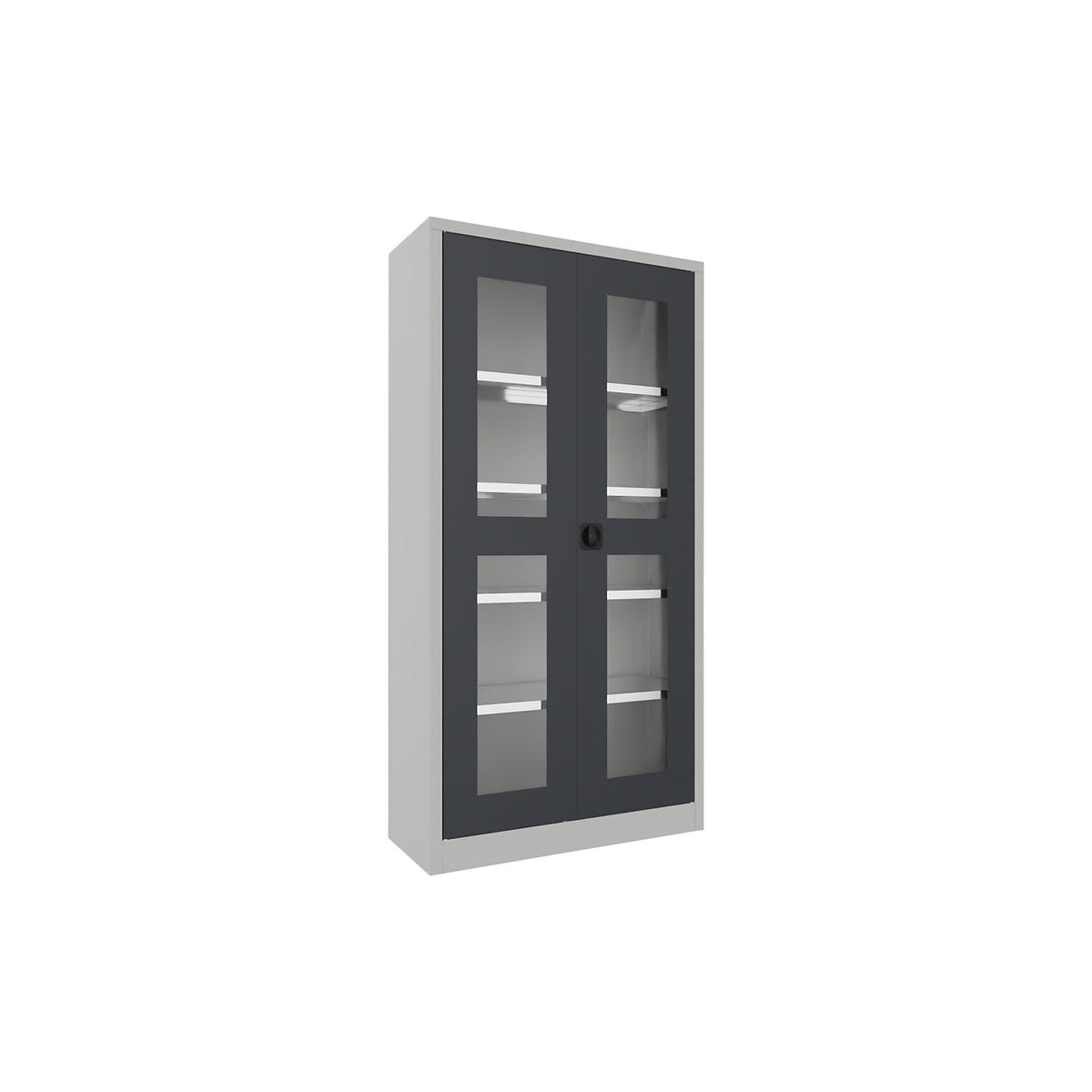 Double door cupboard with vision panel, 4 shelves, height 1950 mm, HxWxD 1950 x 1000 x 400 mm, charcoal door.