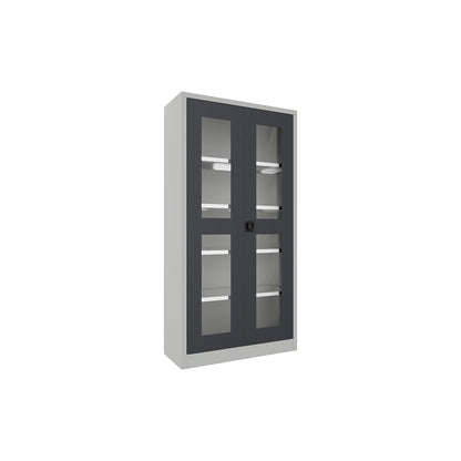 Double door cupboard with vision panel, 4 shelves, height 1950 mm, HxWxD 1950 x 1000 x 400 mm, charcoal door.