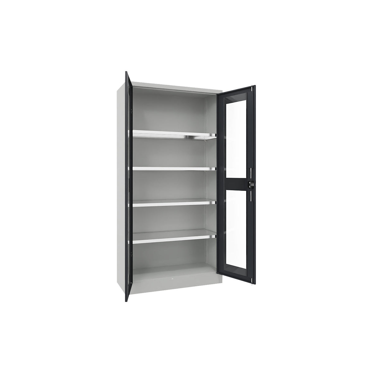 Double door cupboard with vision panel, 4 shelves, height 1950 mm, HxWxD 1950 x 1000 x 400 mm, charcoal door.