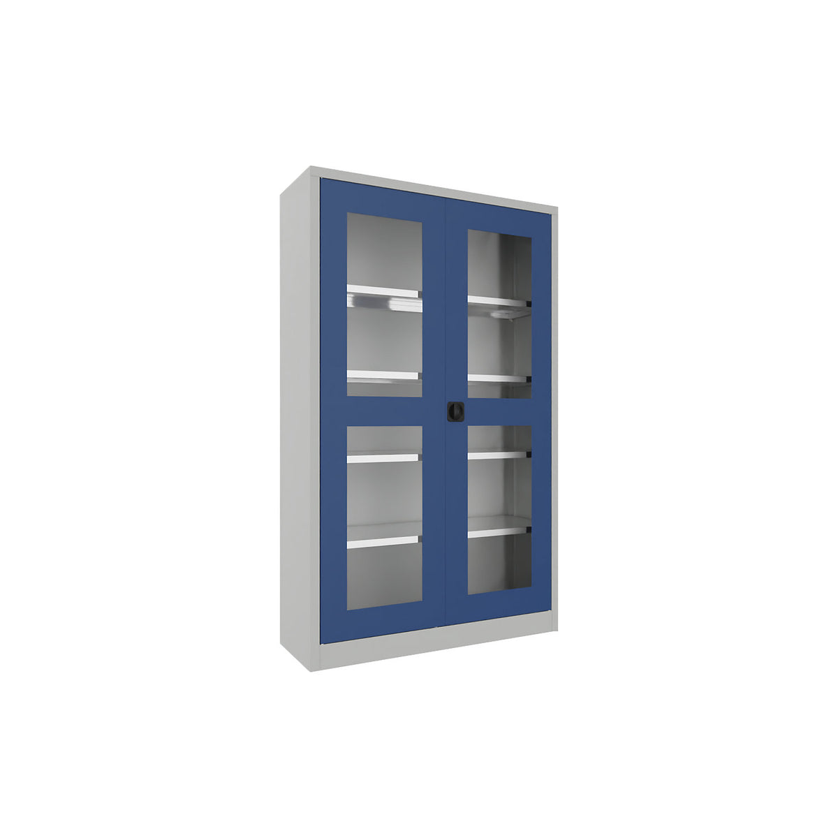 Double door cupboard with vision panel, 4 shelves, height 1950 mm, HxWxD 1950 x 1200 x 400 mm, gentian blue door.