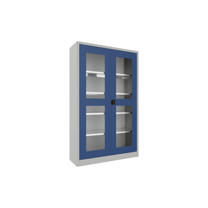 Double door cupboard with vision panel, 4 shelves, height 1950 mm, HxWxD 1950 x 1200 x 400 mm, gentian blue door.