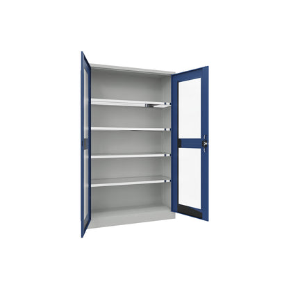 Double door cupboard with vision panel, 4 shelves, height 1950 mm, HxWxD 1950 x 1200 x 400 mm, gentian blue door.