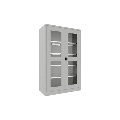 Double door cupboard with vision panel, 4 shelves, height 1950 mm, HxWxD 1950 x 1200 x 600 mm, light grey door.