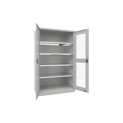Double door cupboard with vision panel, 4 shelves, height 1950 mm, HxWxD 1950 x 1200 x 600 mm, light grey door.