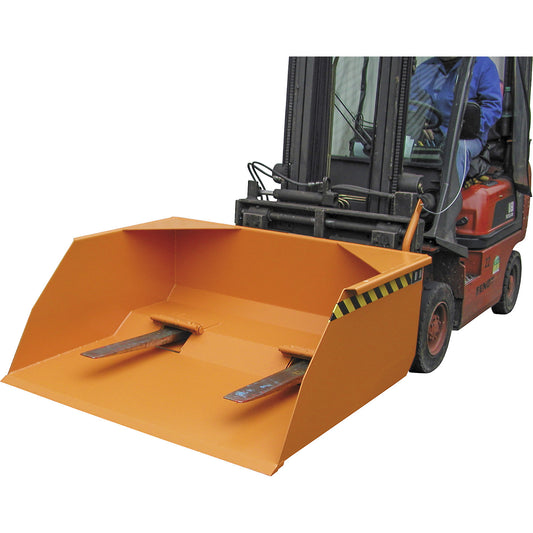 BSM stacker bucket, mechanical with opening for fork tips, capacity 1.5 m³, yellow orange RAL 2000.