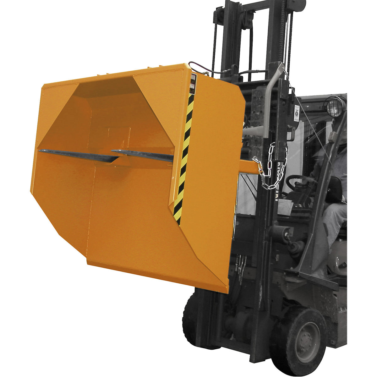 BSM stacker bucket, mechanical with opening for fork tips, capacity 1 m³, yellow orange RAL 2000.