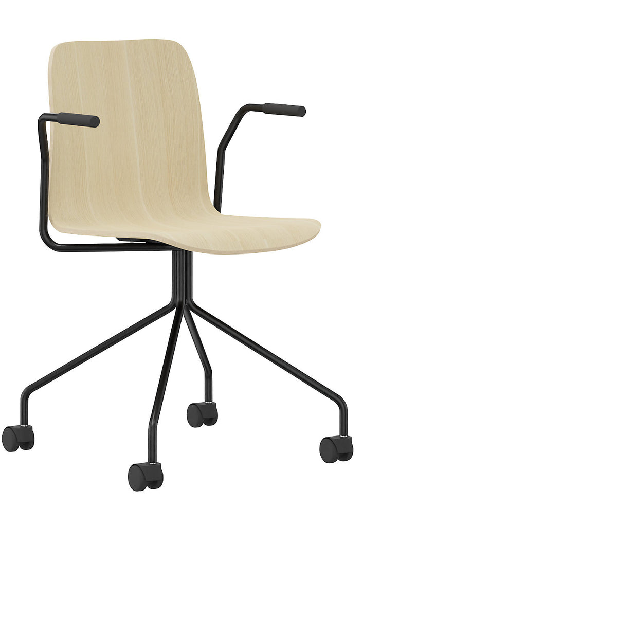 Chair Tobi, star base with castors, pack of 4, black, oak, with arm rests.
