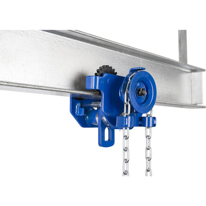 Geared trolley GTM, steel, max. load 3000 kg, gripping range 100 - 203 mm.