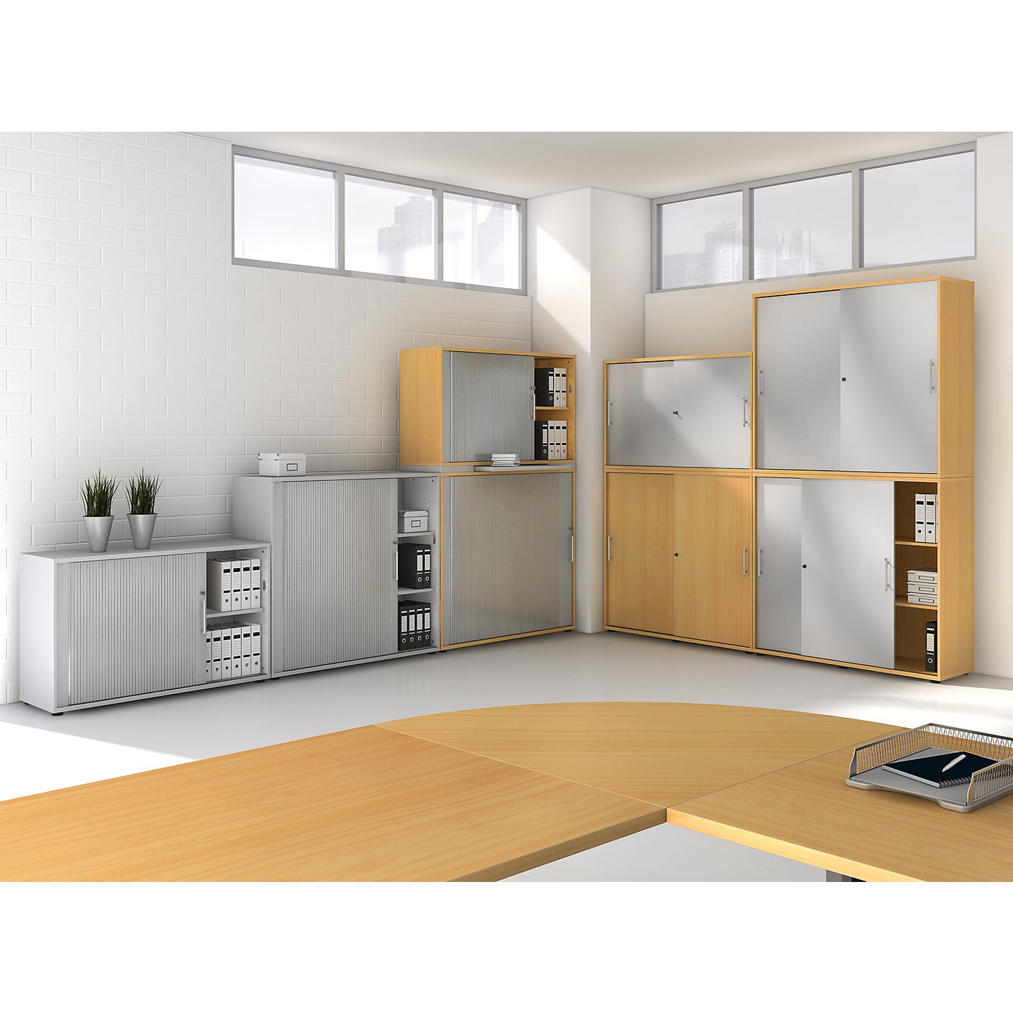 Roller shutter cupboard, 2 shelves each, 1 partition, maple finish.