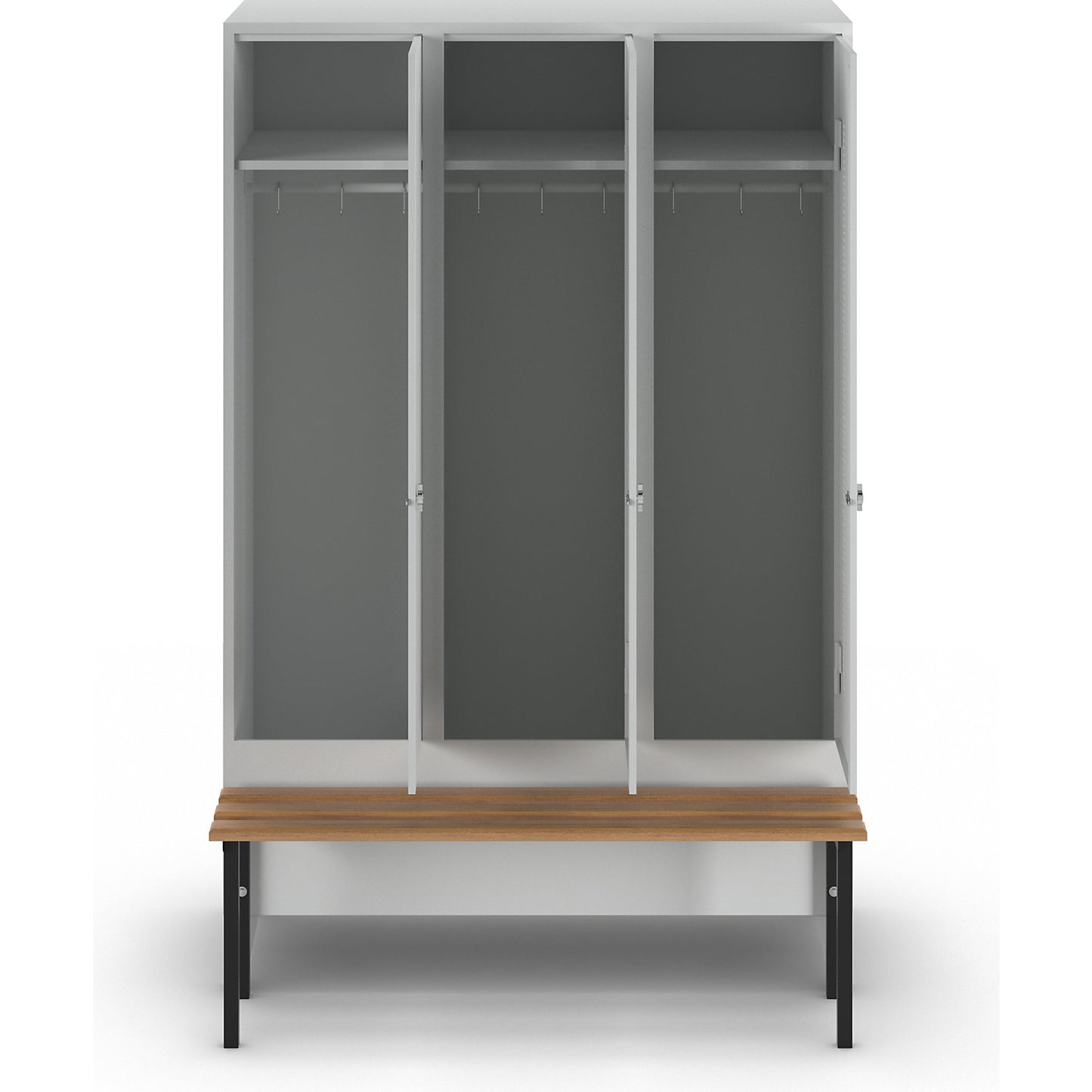 Berlin 1 bench seat clothes locker, 3 compartments, light grey, W 1200 mm, bench mounted in front, beech wood.
