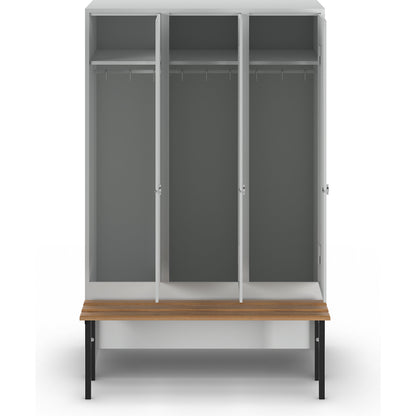 Berlin 1 bench seat clothes locker, 3 compartments, light grey, W 1200 mm, bench mounted in front, beech wood.