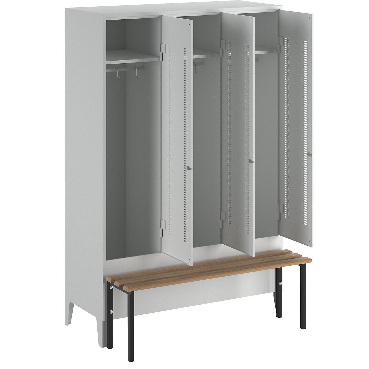 Berlin 1 bench seat clothes locker, 3 compartments, light grey, W 1200 mm, bench mounted in front, beech wood.
