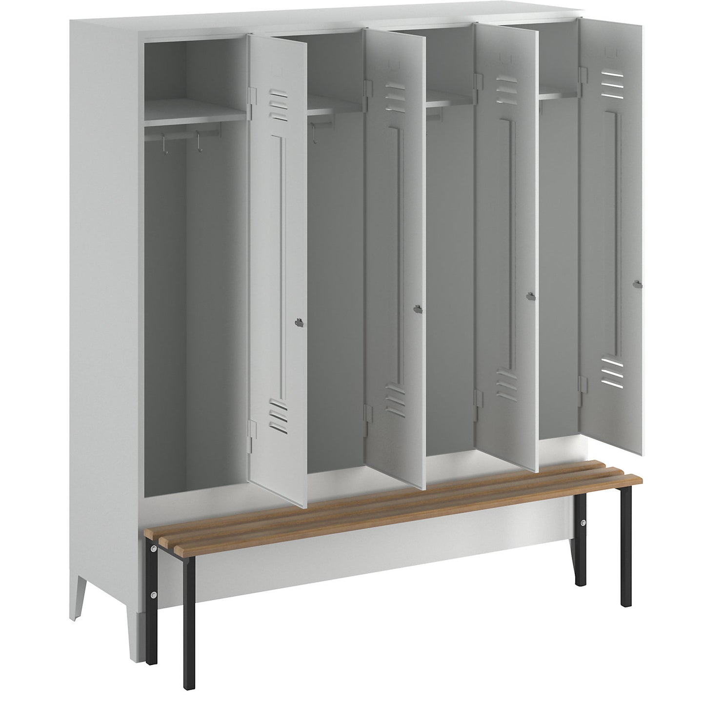 Berlin 2 clothes locker with bench seat, 4 compartments, light grey, W 1600 mm, bench mounted in front, beech wood.