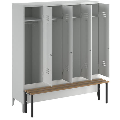 Berlin 2 clothes locker with bench seat, 4 compartments, light grey, W 1600 mm, bench mounted in front, beech wood.