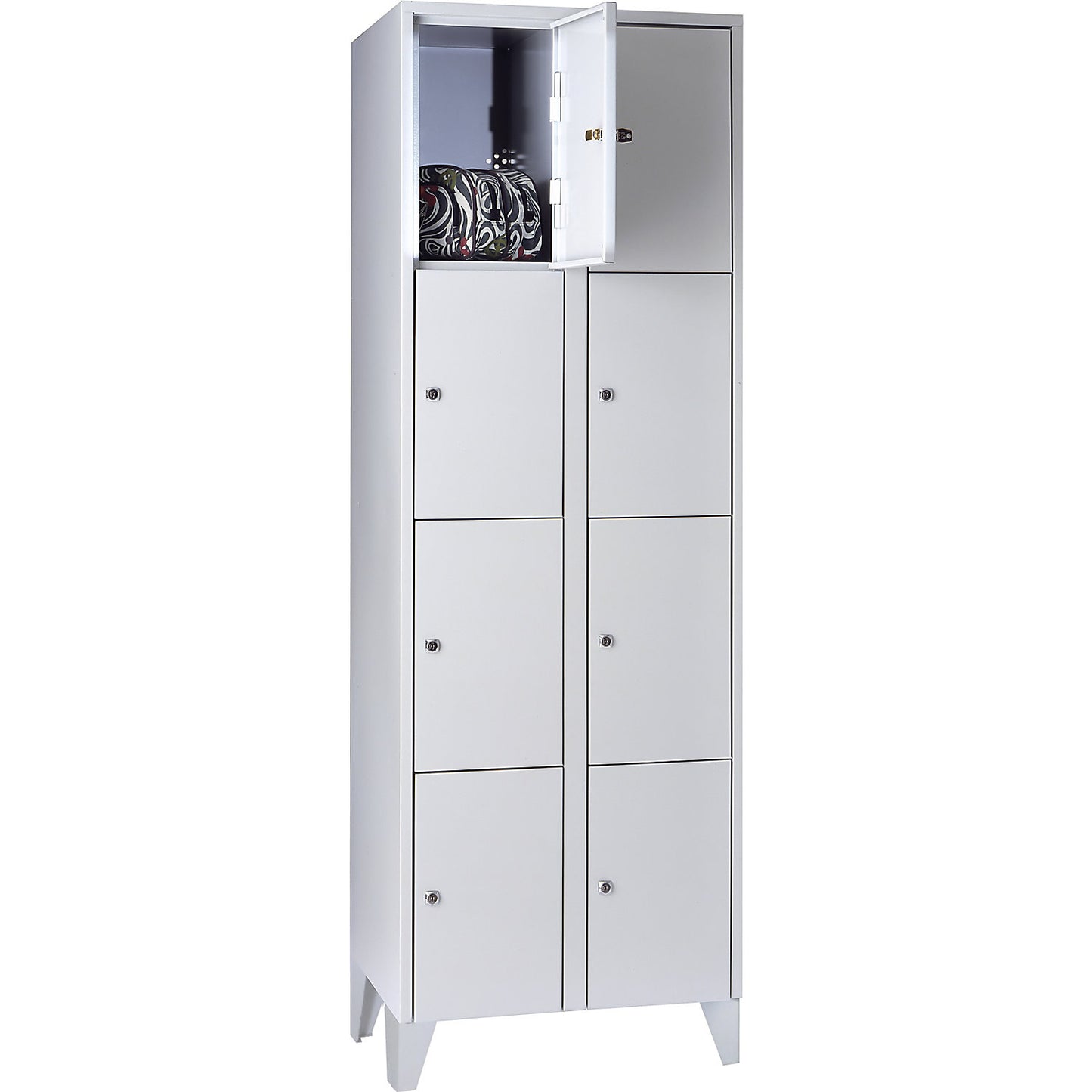 Munich 4-fold compartment locker, 2 compartments, light grey, W 600 mm, with feet.