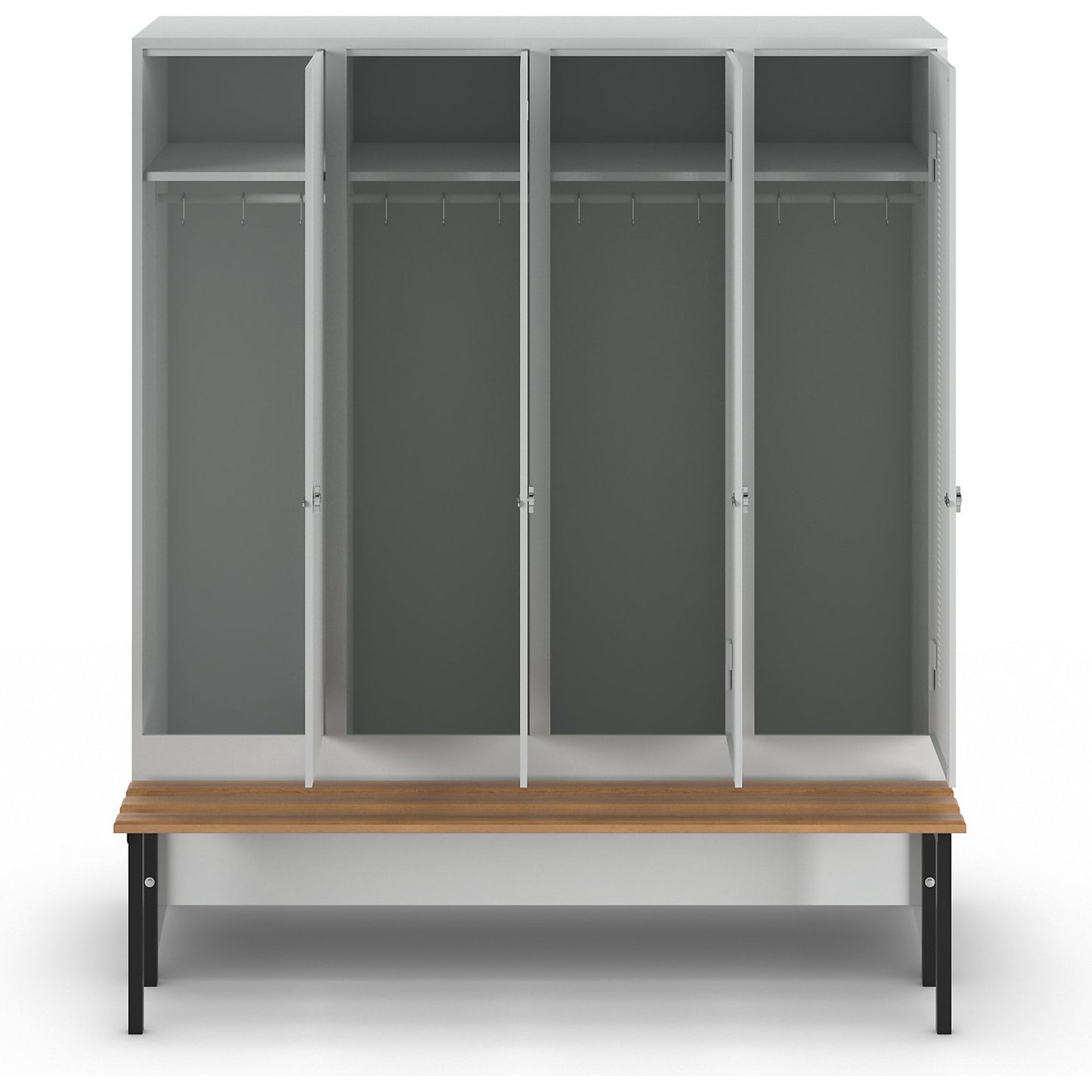 Berlin 1 bench seat clothes locker, 4 compartments, light grey, W 1600 mm, bench mounted in front, beech wood.