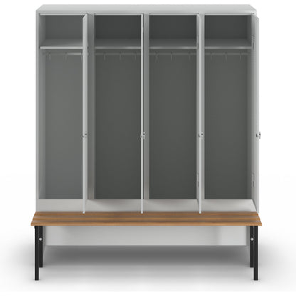 Berlin 1 bench seat clothes locker, 4 compartments, light grey, W 1600 mm, bench mounted in front, beech wood.