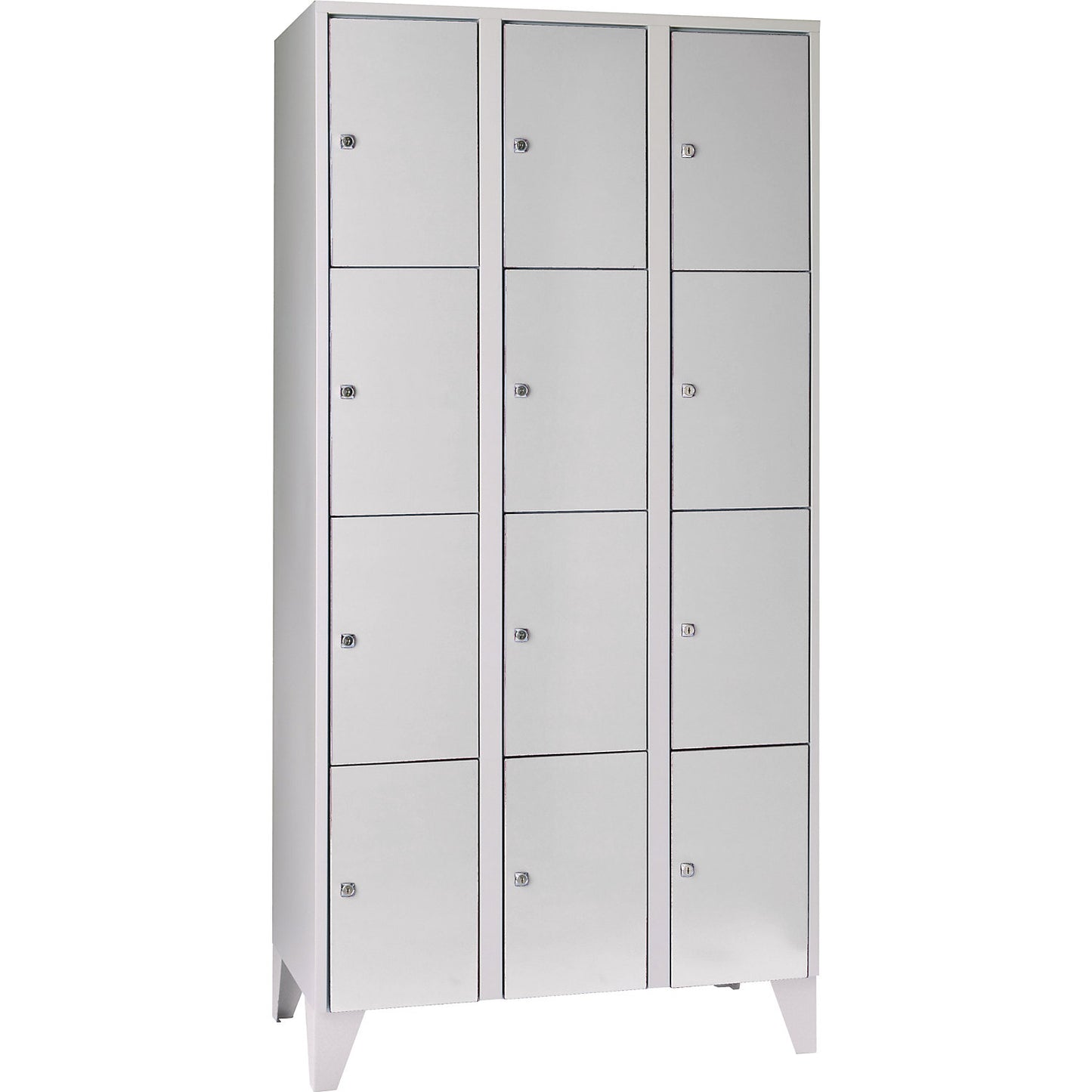 Munich 4-fold compartment locker, 3 compartments, light grey, W 900 mm, with feet.