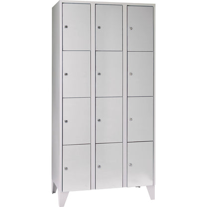Munich 4-fold compartment locker, 3 compartments, light grey, W 900 mm, with feet.
