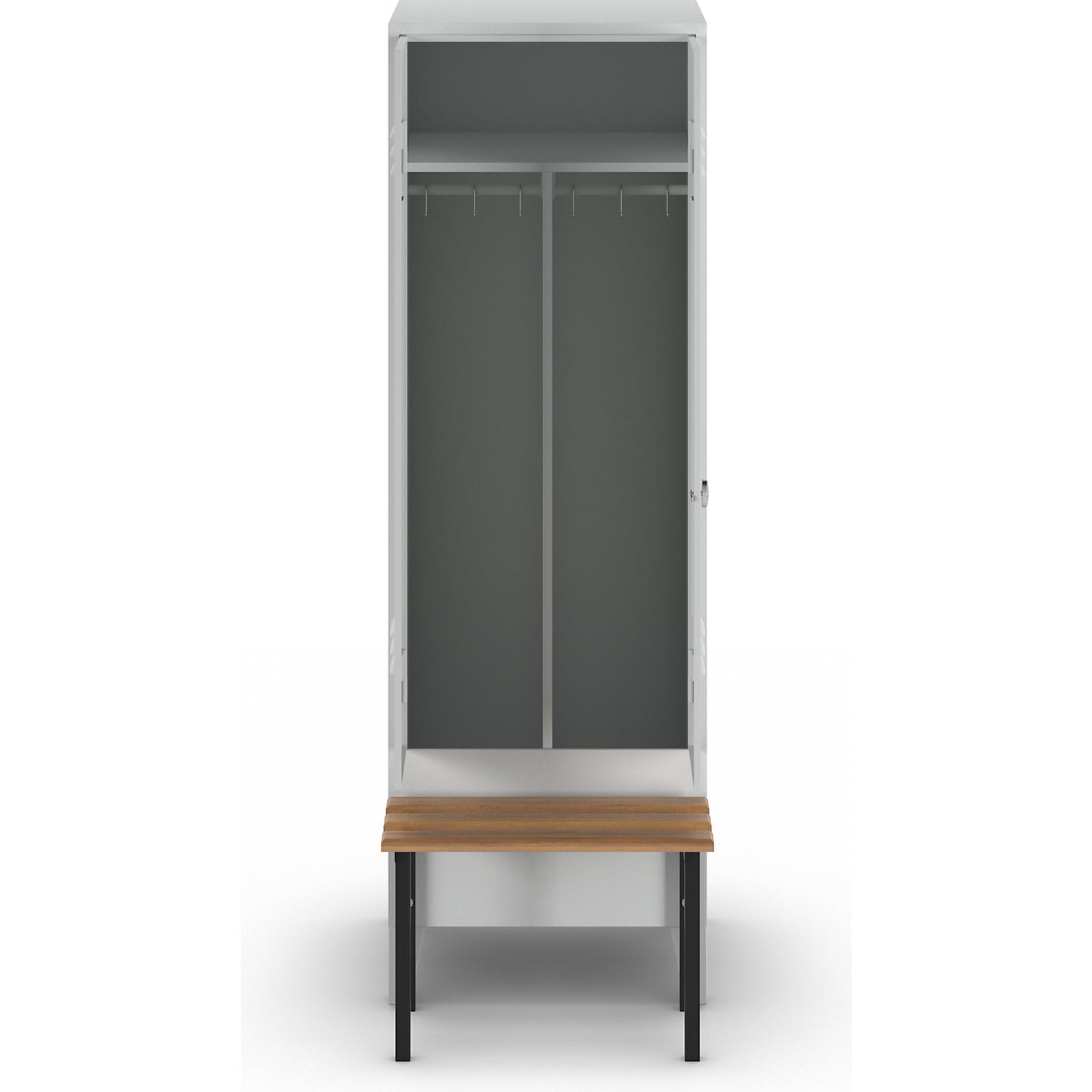 Berlin 2 clean and dirty locker with bench seat, centre divider, 1 compartment, light grey, W 600 mm, bench mounted in front, beech wood.