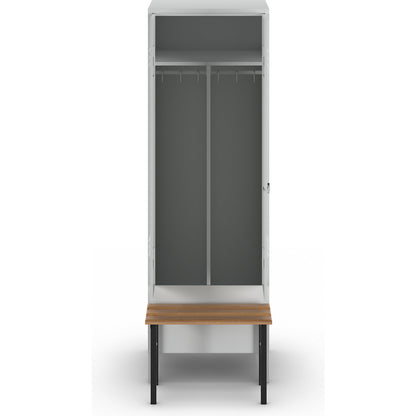 Berlin 2 clean and dirty locker with bench seat, centre divider, 1 compartment, light grey, W 600 mm, bench mounted in front, beech wood.