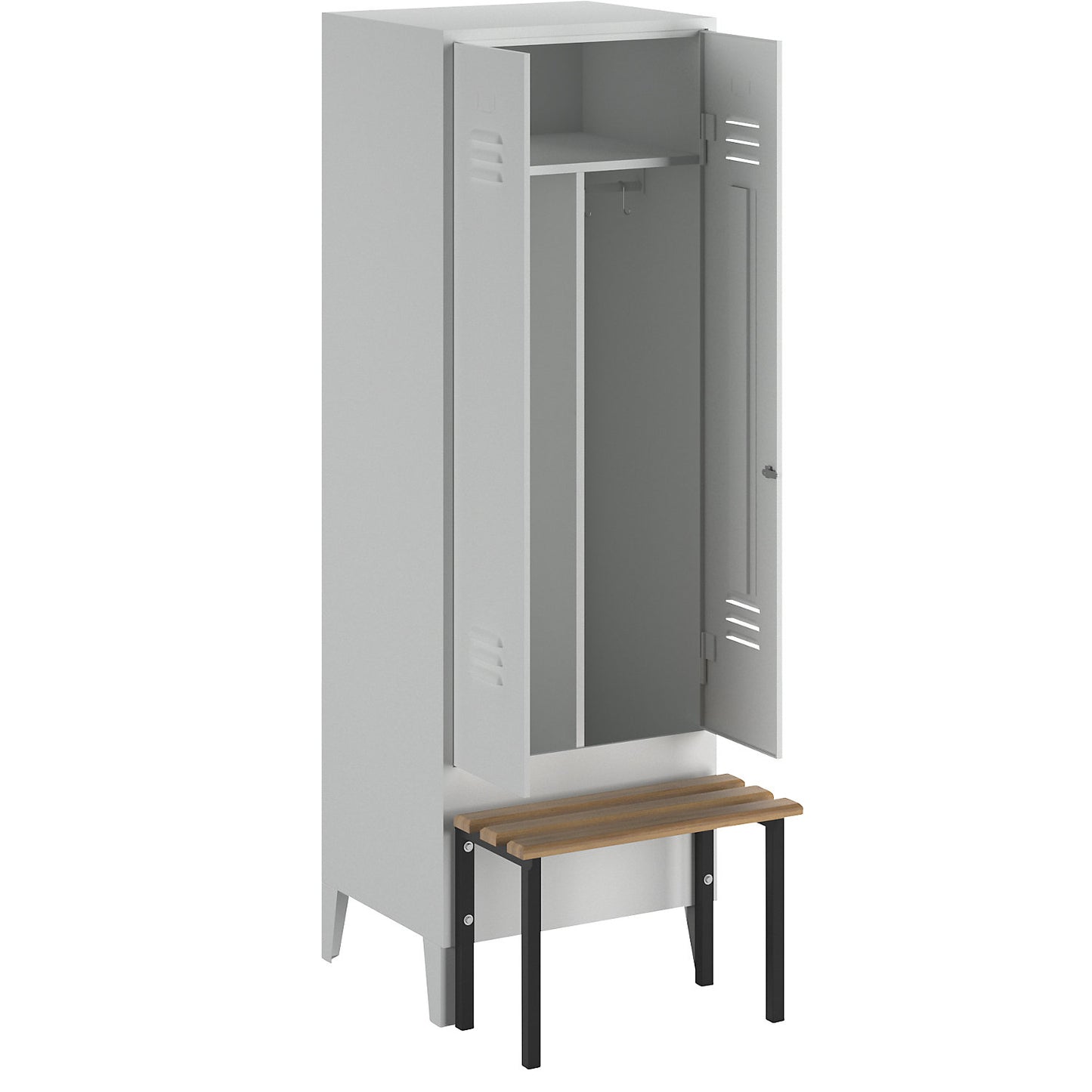 Berlin 2 clean and dirty locker with bench seat, centre divider, 1 compartment, light grey, W 600 mm, bench mounted in front, beech wood.