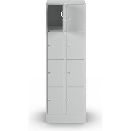 Munich 4-fold compartment locker, 2 compartments, light grey, W 600 mm, with base plinth.