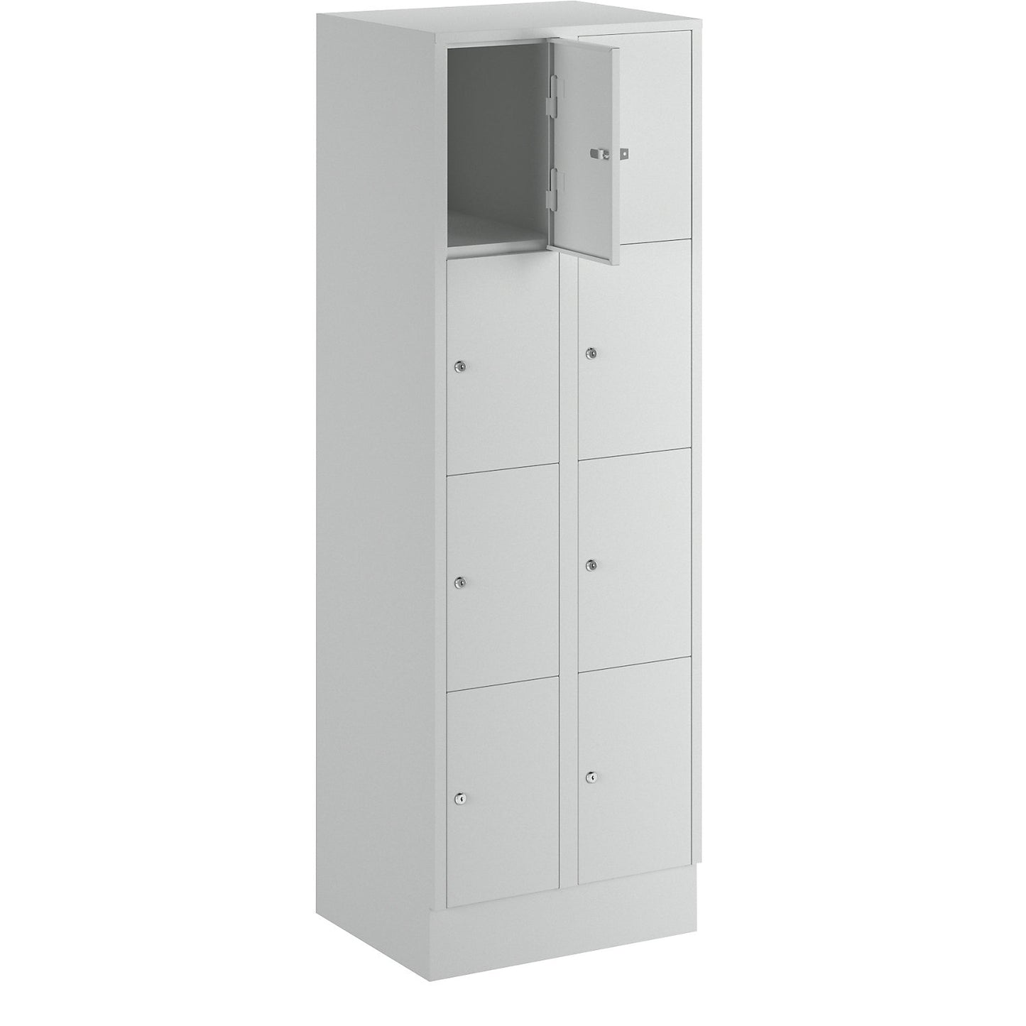 Munich 4-fold compartment locker, 2 compartments, light grey, W 600 mm, with base plinth.