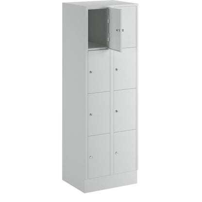 Munich 4-fold compartment locker, 2 compartments, light grey, W 600 mm, with base plinth.