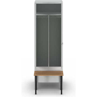 Berlin 1 clean and dirty locker with bench seat, centre divider, 1 compartment, light grey, W 600 mm, bench mounted in front, beech wood.