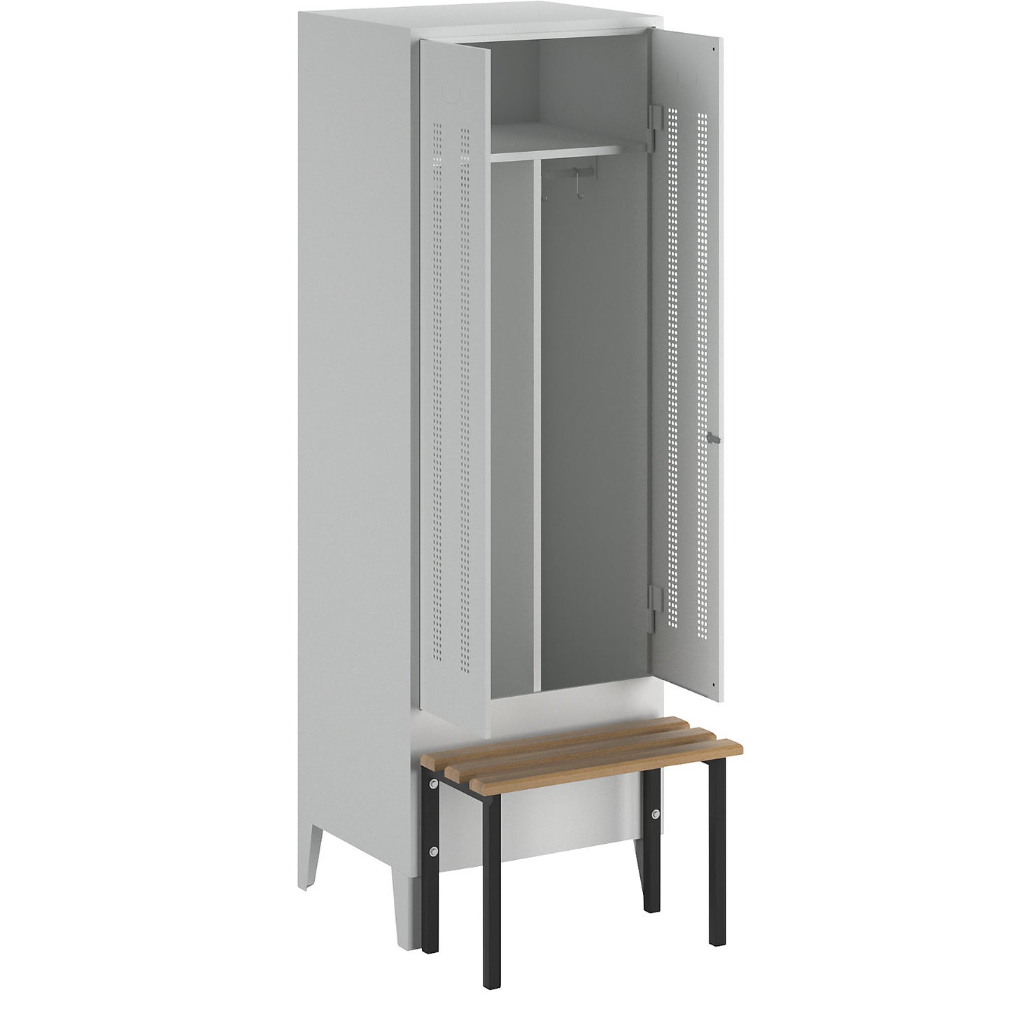 Berlin 1 clean and dirty locker with bench seat, centre divider, 1 compartment, light grey, W 600 mm, bench mounted in front, beech wood.