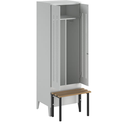 Berlin 1 clean and dirty locker with bench seat, centre divider, 1 compartment, light grey, W 600 mm, bench mounted in front, beech wood.