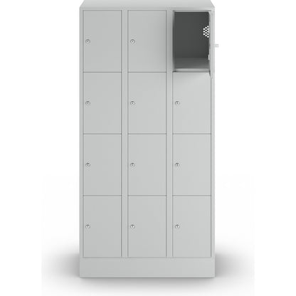 Munich 4-fold compartment locker, 3 compartments, light grey, W 900 mm, with base plinth.