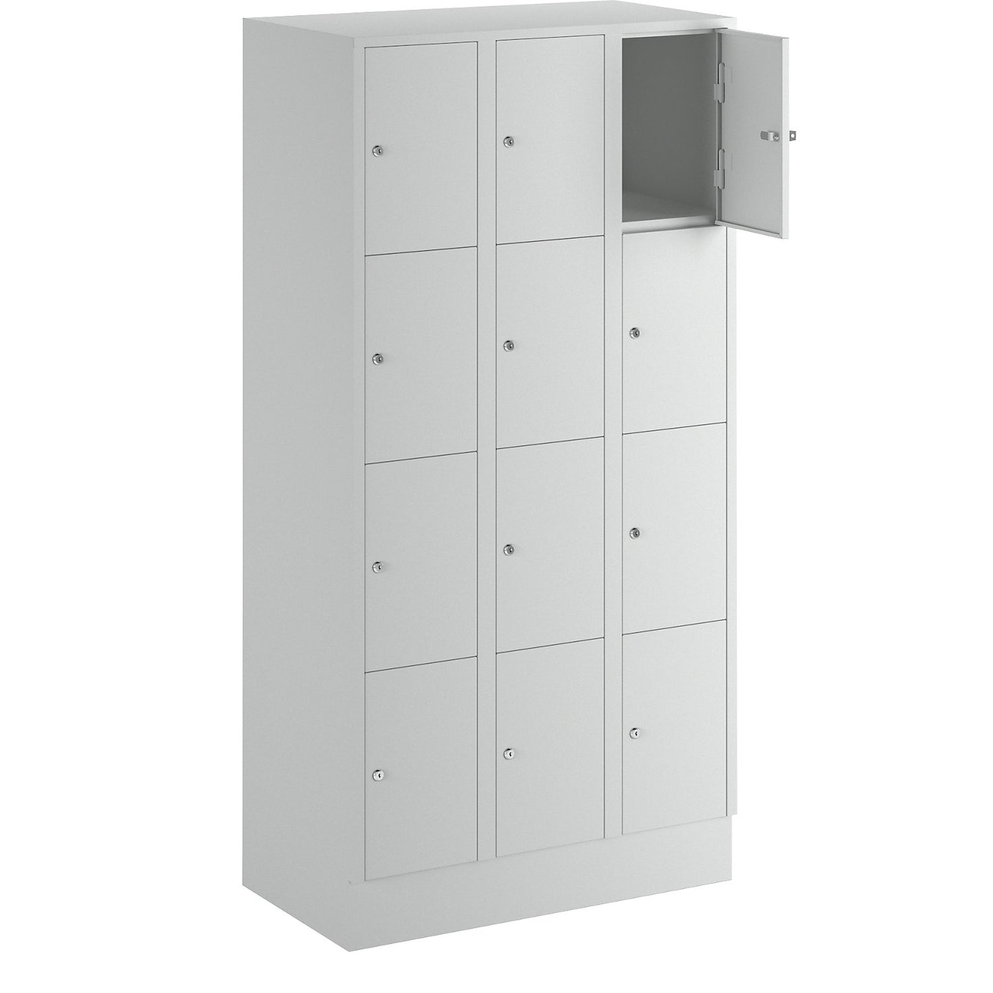 Munich 4-fold compartment locker, 3 compartments, light grey, W 900 mm, with base plinth.