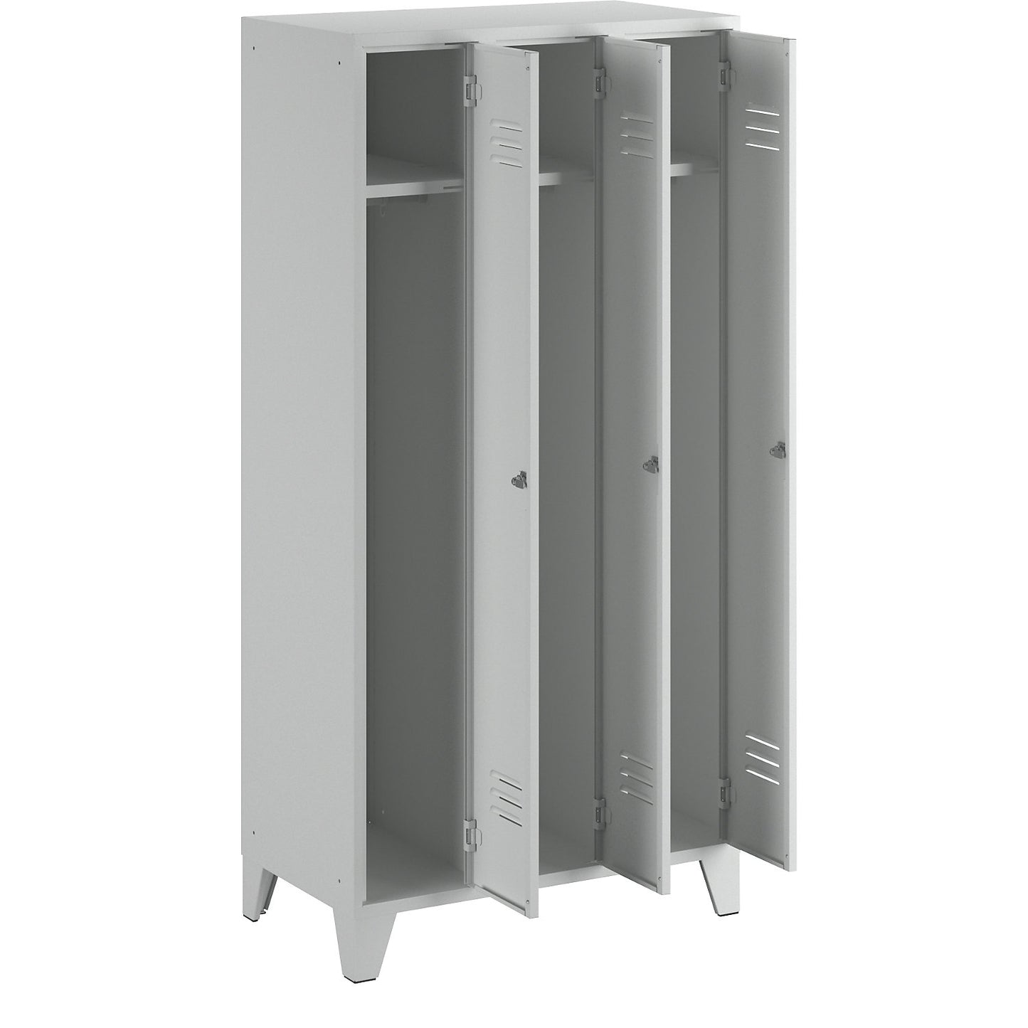 Berlin 2 clothes locker, 3 compartments, light grey, width 900 mm, flat roof shape.