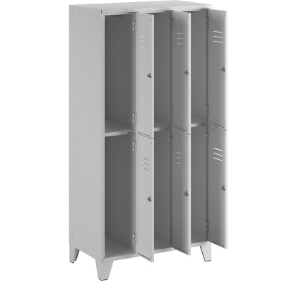 Berlin 2 double deck clothes locker, 3 compartments, light grey, width 900 mm, flat roof shape.