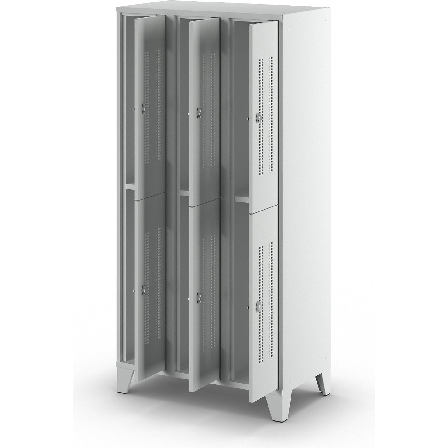 Berlin 1 double deck clothes locker, 3 sections, light grey, width 900 mm, 6 compartments.