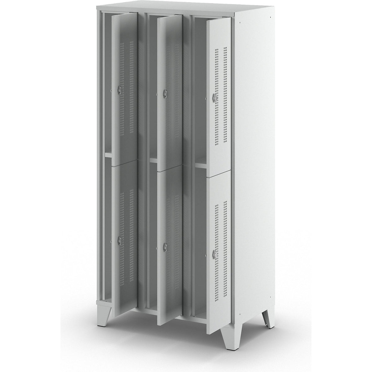 Berlin 1 double deck clothes locker, 3 sections, light grey, width 900 mm, 6 compartments.