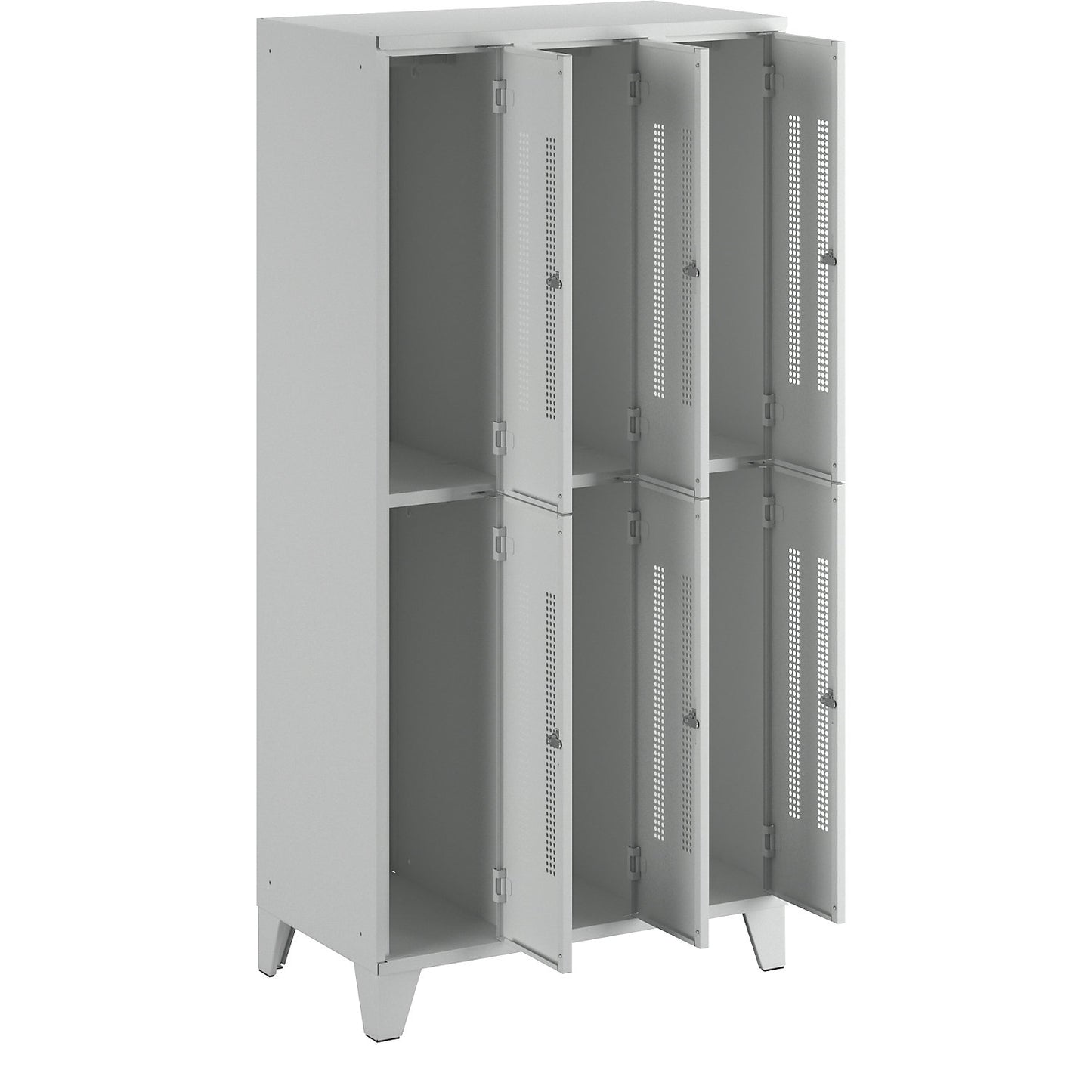 Berlin 1 double deck clothes locker, 3 sections, light grey, width 900 mm, 6 compartments.
