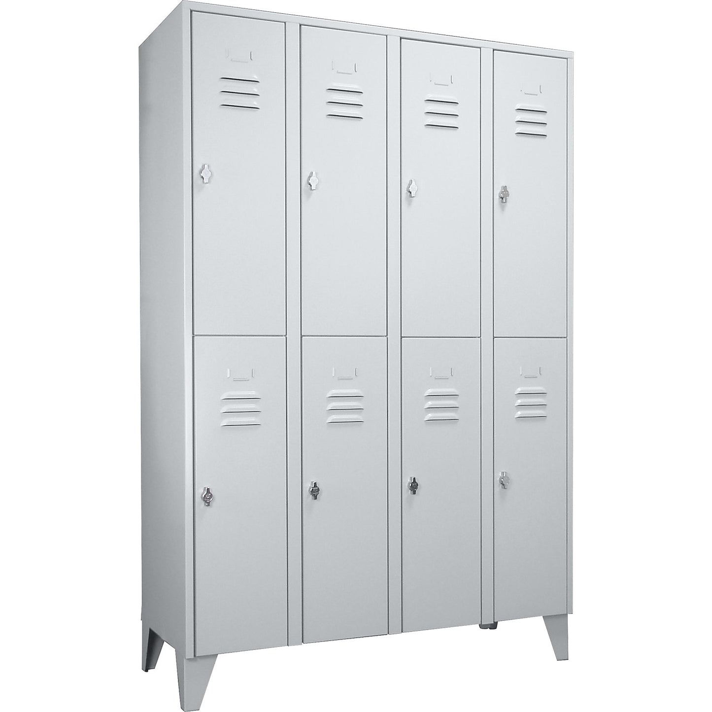 Berlin 2 double deck clothes locker, 4 compartments, light grey, width 1200 mm, flat roof shape.