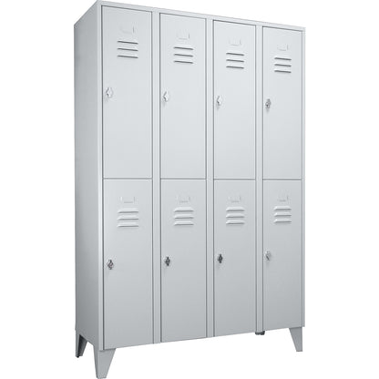 Berlin 2 double deck clothes locker, 4 compartments, light grey, width 1200 mm, flat roof shape.